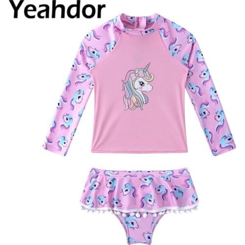 Kids Girls Summer Swimwear Long Sleeves Cartoon Print Tops and Briefs with Ruffle Hem and Pompoms Set Beach Bathing Rashguard