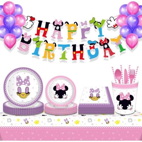 Disneyi Baby Shower Cute Pink Cartoon Mini Mouse Minniee Theme Disposable Tableware Sets for Happy Birthday Party Decoratio