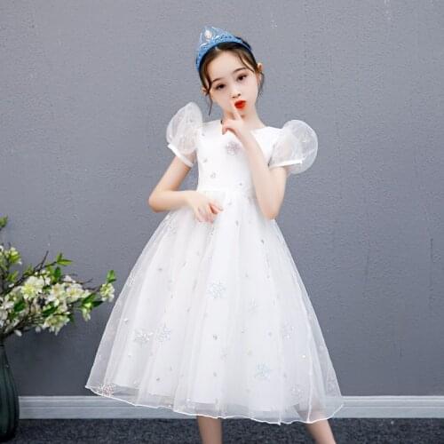 Frozen Elsa Dress Snow Queen 2 Girls Princess Dress Child Costumes With Snowflake Print Tulle White Sequins Dress Wedding Dress