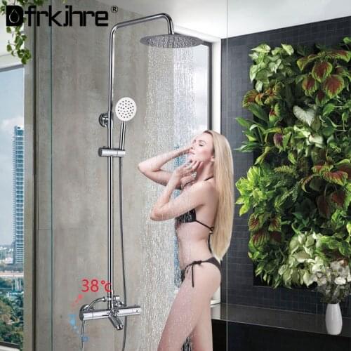 Bathroom Chrome Thermostatic Shower Faucet Wall-Mounted Bathtub Shower Dual Handles Hot Cold Water Mixer Tap Tub Spout Shower