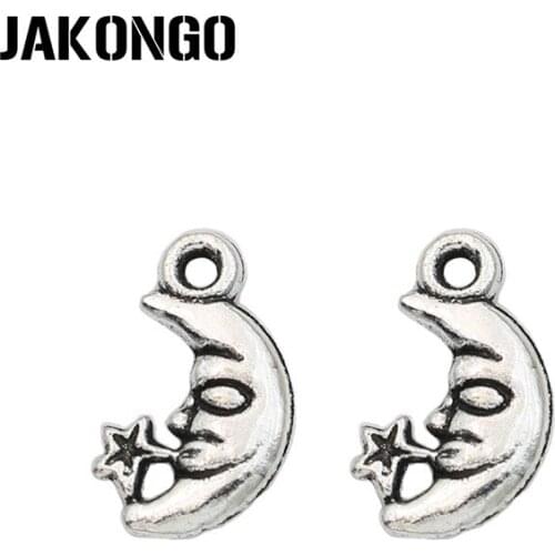 JAKONGO Antique Silver Plated Moon Face Charm Pendants for Jewelry Accessories Making Bracelet DIY 15x8mm 30pcs/lot