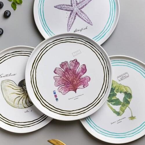 EECAMAILOcean European style Ceramic Tableware Home Western Dish Wave Side Flat Plate Dessert Plate Cartoon P