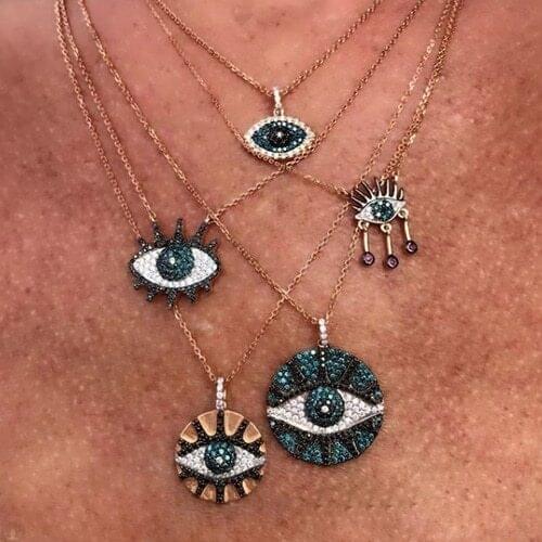 2021 Summer Fashion Jewelry Round Coin Disco Engraved Turkish Evil Eye Women Charm Rose Gold Color Geometric Trendy Necklace