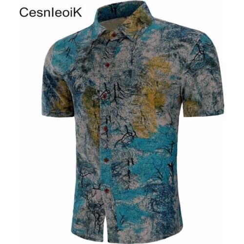 New Summer Mens fashion brand Pattern leisure linen big yards short sleeve shirts / Male National wind casual Print shirts DC08
