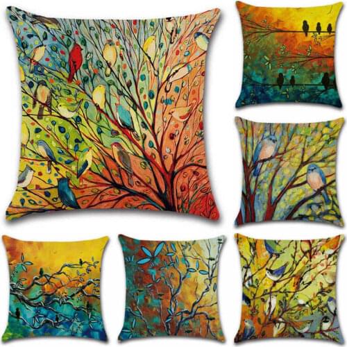Hundred birds Wood Series Cotton Linen Cushion Cover Throw Pillow Case Cover