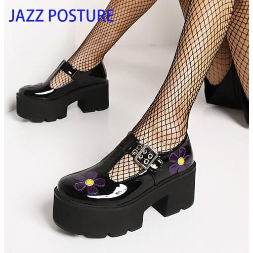Brand New Female Mary Janes Pumps Chunky High Heels T-Strap Platform Women Gothic Party Fashion Flower Shoes Woman z770