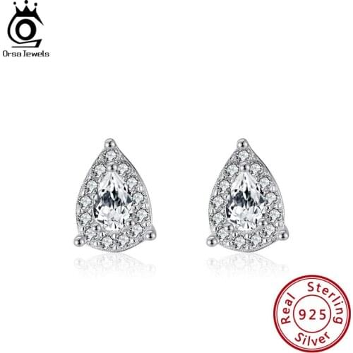 ORSA JEWELS Solid 925 Silver Stud Earring Triangel Design Shiny AAAA Zircon Elegant Brincos For Female Anniversary Present SE317