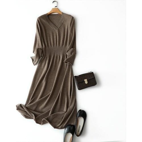 Autumn Winter ElegantWomen Knitted 100% Cashmere V Neck Dresses Fashion Warm Pullovers Oversized Ladies Sweater Dress