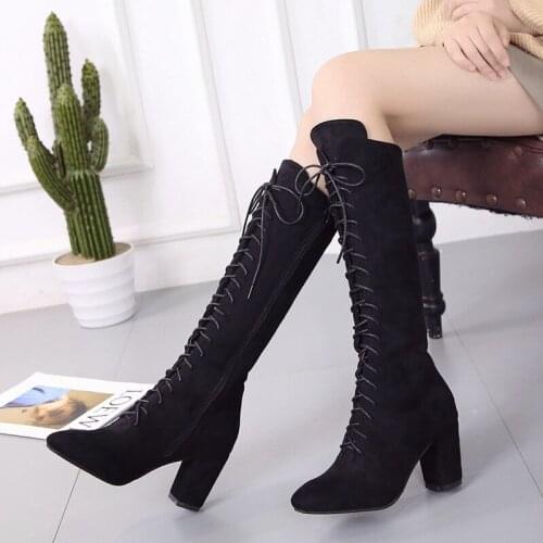 Sexy Lace Up Over Knee Boots Women Boots Flats Shoes Woman Square Heel Rubber Flock Boots Botas Winter Thigh High Boots 588