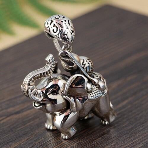 Real S925 Silver Antique Style Womens Double-sided Three-dimensional Flow Auspicious Elephant Pendant