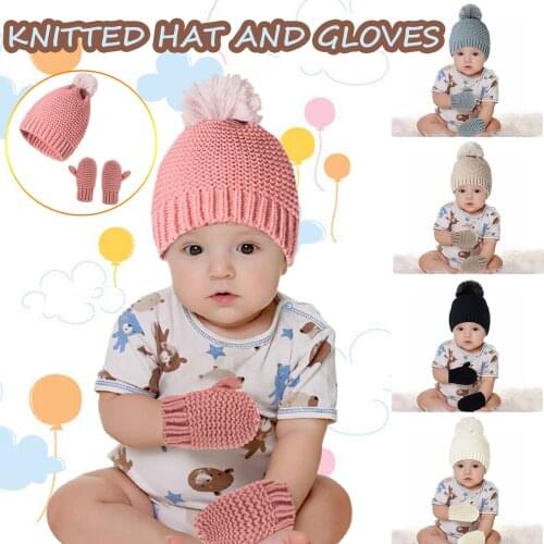 Multicolor Newborn Baby Beanie For Boy Girl Cap Cotton Knitted Winter Warm Hats+Gloves Set gorro bebe invierno pompon fashion M4