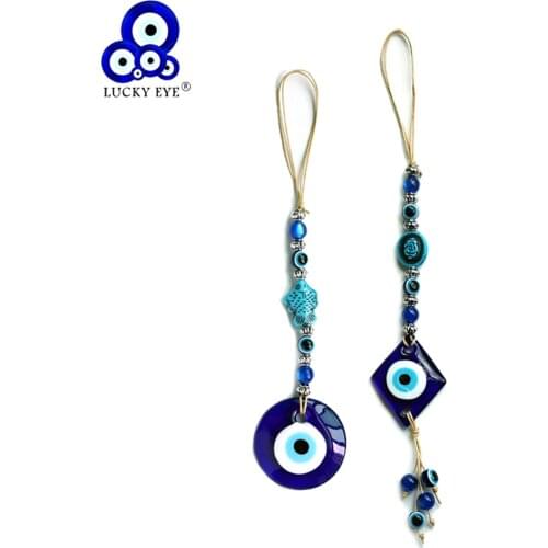 Lucky Eye Glass Blue Turkish Evil Eye Pendant Wall Hanging Decor Rope Chain Fish Charm Decoration for Home Living Room LE590