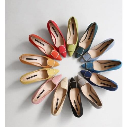 New nude nude high heel shoes with rhinestone square buckle pointed single shoes suede shallow mouth golden bridal wedding shoes