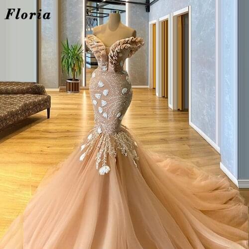 Champagne Mermaid Evening Dresses Middle East Beaded Appliques Prom Dress 2021 Vestidos Celebrity Wear Pageant Party Night Gowns