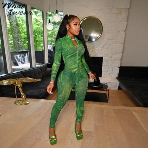 Whatiwear Art Printed Bodycon Jumpsuit Women Long Sleeve Sporty Casual Stretchy Streetwear Zipper Skinny Sexy Hipster Clothing