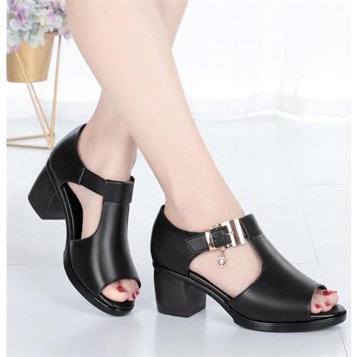 Miaoguan 2021 Women Sandals Summer Heel Fashion Sexy Fish Mouth Hollow Roman Sandals Thick With Beaded High Heels Female Sandals