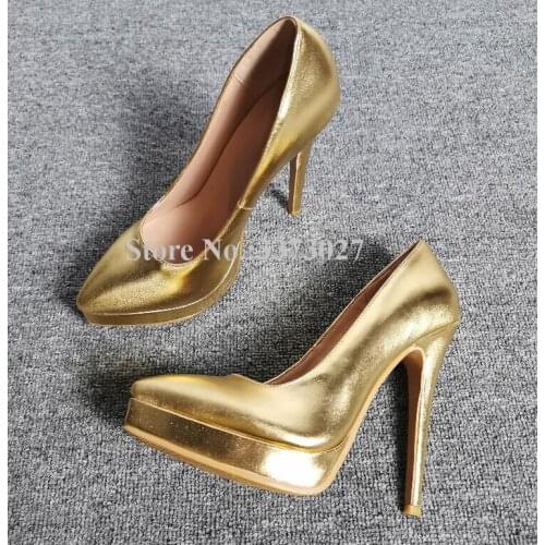 Real Photos Gold Leather Platform Pumps Lady New Pointed Toe Metallic Colors Stiletto Heel Single Shoes Women Wedding Shoes