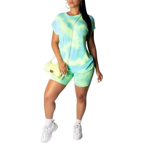 Colorful Tie Dye Sportswear for Women Summer Running Set Tracksuit Short Sleeve O-Neck Tops+Shorts Women Gym Fitness Clothing