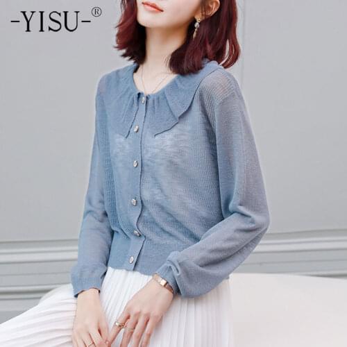 YISU Women Spring Casual Cardigan Solid color V-Neck Transparent Long sleeve Spring tops 2021 New Knitted Cardigan Thin section