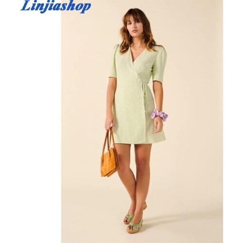 Elegant mini dress women green v neck vintage floral print summer autumn short party dress lining femme vestidos