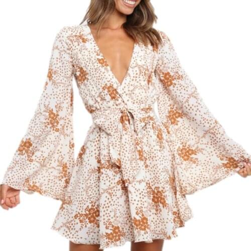 Women Sexy Tie-up Dress, Adults Flower Print Flare Sleeve V-neck Ruffles Dresses Spring Autumn