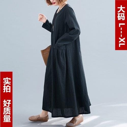 2020 large womens fat mm early spring art small Plaid Cotton and linen dress with belly covering and thin