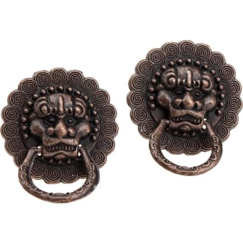 2pcs Iron Pull Knobs Handles Lion Head Antique copper Vintage Door Ring Knob wooden Jewelry Box Cupboard Drawer Cabinet