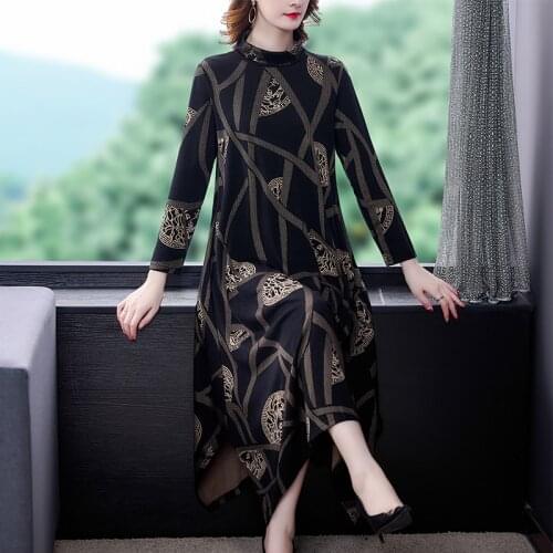 2021 Vintage Loose Black Print Maxi Dresses Autumn Winter Casual 4XL Plus Size Midi Dresses Elegant Bodycon Women Party Vestidos