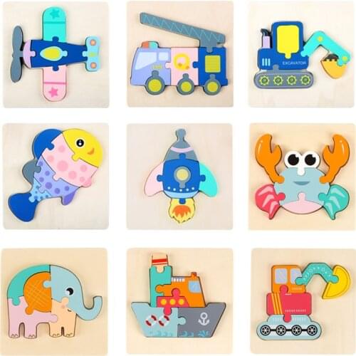 3D Wooden Puzzle Baby Montessori Toys Toddlers Children Early Educational Cartoon Animal Intelligence Puzzle Jigsaw High Quality
