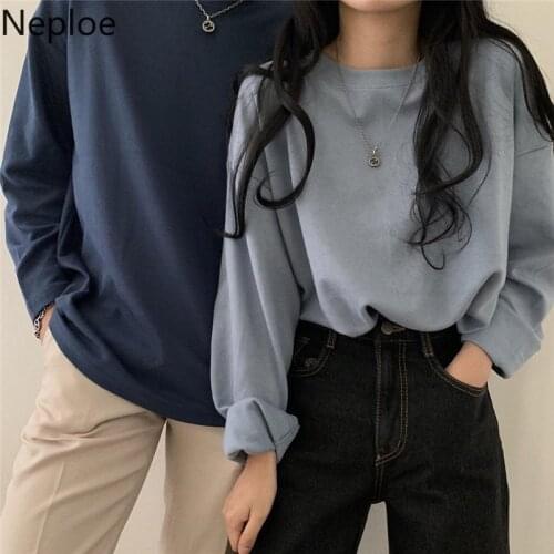 Neploe O Neck Long Sleeve Basic Bottom T Shirt Solid Loose Casual Tees Autumn Spring 2021 New Mutlicolor Ladies Top 48104