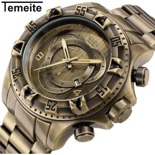 TEMEITE New Fashion Brand Retro Bronze Quartz Watches Men Watch Army Military Stainless Steel Wristwatches Waterproof Male Clock