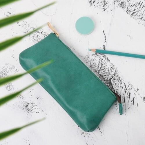 Ins Hot Style Cowhide Pencil Case Crazy Horsehide Pencil Case Genuine Leather Pen Bag