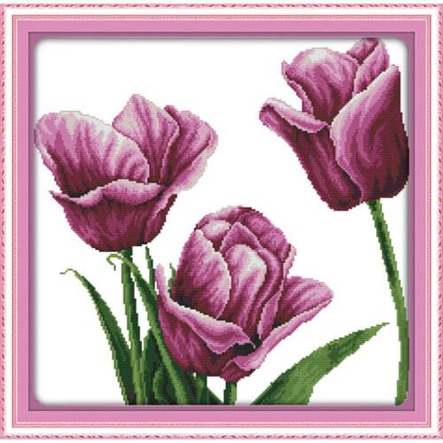 Purple tulip (3) cross stitch kit flower 14ct 11ct printed fabric canvas stitching embroidery DIY handmade needlework
