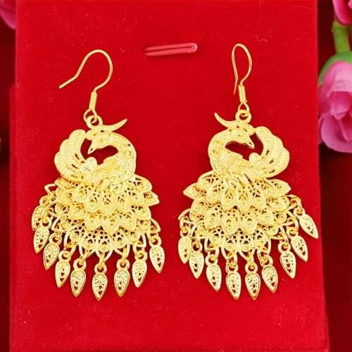 Hyperbole Big Peacock Womens Dangle Earrings Yellow Gold Filled Vintage Ethnic Style Bohemia Drop Earrings Wedding Jewelry