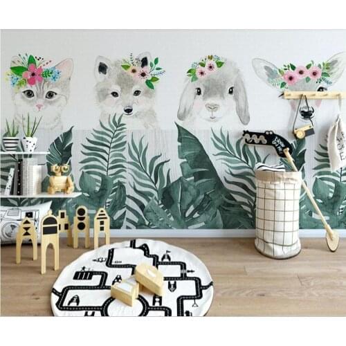 Customized large-scale 3D mural wallpaper hand-painted animal green plants childrens room background wall