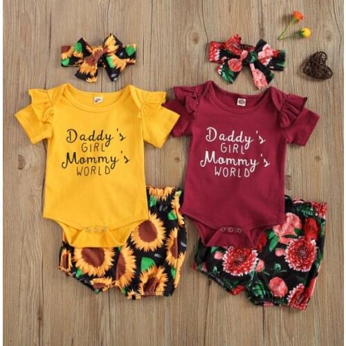 Summer Infant Newborn Girls 3 Pcs Outfits Suits Short Sleeve Letter Printed Romper Tops Sunflower Shorts Headband Clothes Sets