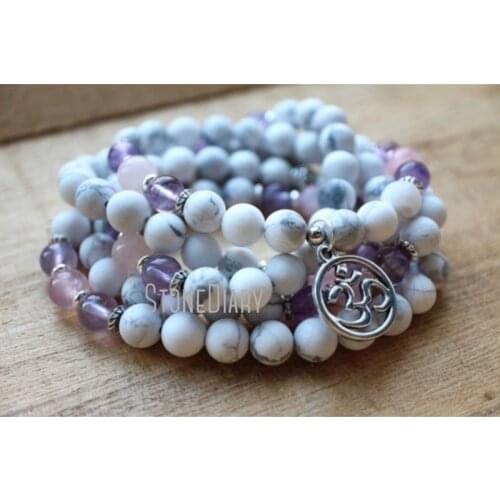 MN37215 Matte Howlite Amethyst Rose Quartz Wrist Mala Stress Relief Anxiety Relaxation Unconditional Love And Self Love
