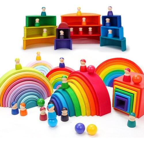Montessori Baby Toys Large Rainbow Stacker Wooden Toys For Kids Fun Creative Rainbow Building Blocks Educational Toy Child Gift