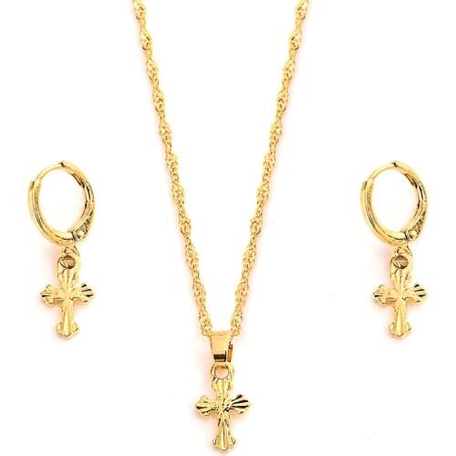 New african Jewelry Sets gold Cross Pendant earrings Necklace For Women Chain girls kids party Jewelry Dubai Arab gift