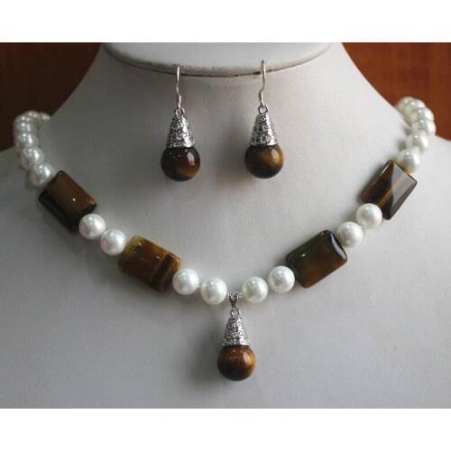 Wholesale 8mm mixed colors shell pearl/tiger eye stone necklace14mm tiger eye stone hook earring and pendant jewelry set