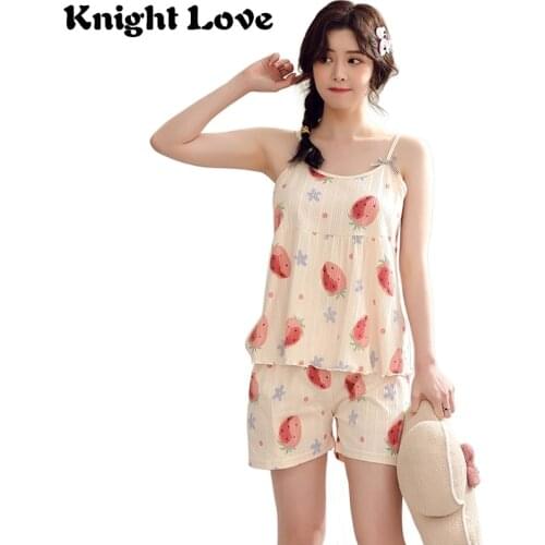 Summer Print Pajama Sets for Women Sexy Sleepwear Girls Sleeveless Spaghetti Strap Flower Pyjamas Femme Top + Shorts Nightwear
