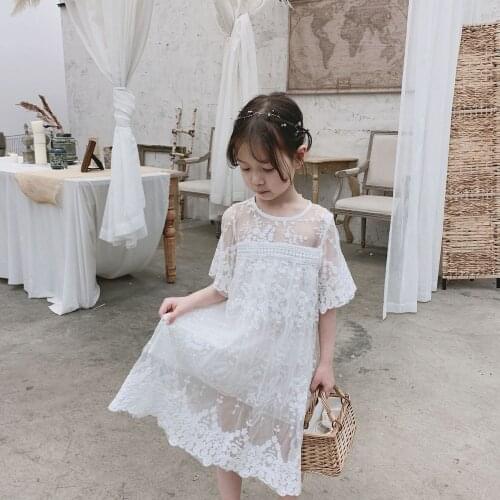Girls' dress Spring/Summer 2019 new Korean lace white seven-sleeveshort short-sleeved princess dress long skirt