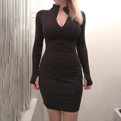 Autumn New Women Long Sleeve Dress High Neck Zipper Sexy Slim Stretchy Bodycon Dresses Fashion Winter Fluorescence Dress Female