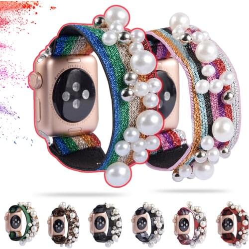 Women Elastic Watch Band for Apple Watch Band 38mm 40mm 42mm 44mm Pearl Scrunchie Bracelet Iwatch Series 6 5 4 3 Colored Strap