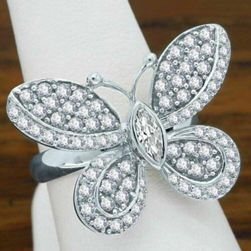 Luxury Crystal Butterfly Wedding Rings for Women Metal Fashion Vintage Silver Color Animal Charms Rings Engagement Jewelry