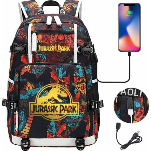 New Gold Jurassic Park Dinosaur USB Boy Girl Kids Book Bags Large Capacity Teenagers Schoolbags Women Men Laptop Travel Backpack