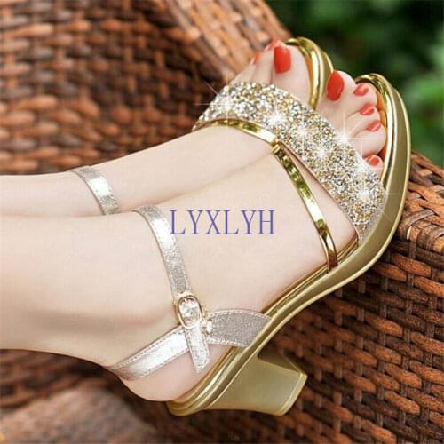 Sandals womens new high-heeled womens sandals one word buckle rhinestone thick with fish mouth womens shoes
