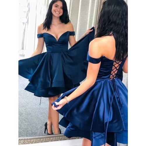 Lovely Off the Shoulder V Neck Navy Blue Satin Short Homecoming Dresses 2021 A-Line Prom Dress Graduation Party Gowns
