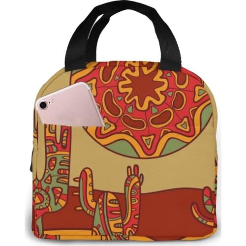 Traditional Mexican Of Cactus And Sun Cooler Bag Portable Zipper Thermal Lunch Bag Convenient Lunch Box Tote Food Bag