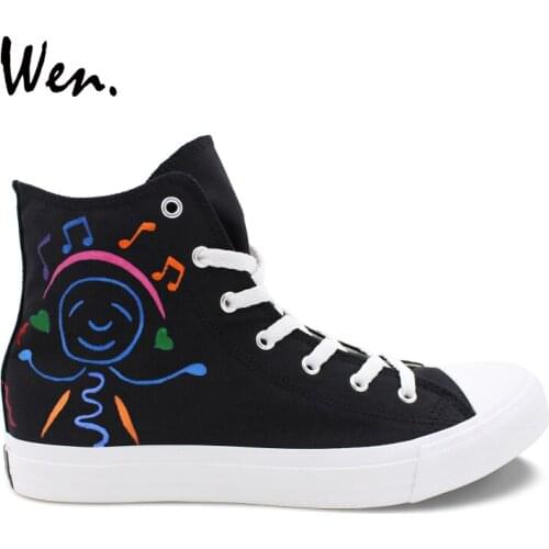 Wen Original Design Black Shoes Hand Painted Cartoon Music Guitar Smiling Face High Top Men Canvas Sneakers Women Athletic Shoes